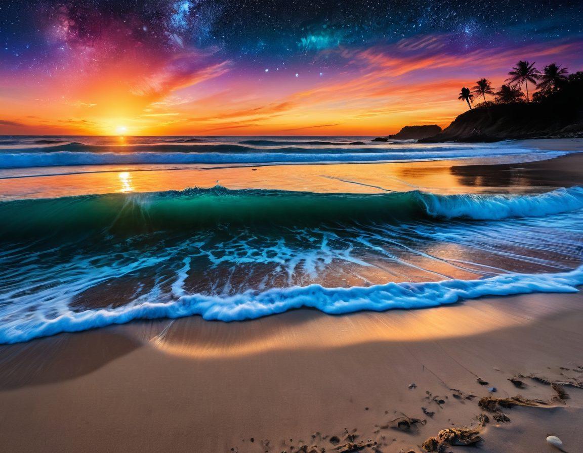 A vibrant beach scene showcasing colorful summer swimwear inspired by cosmic events, featuring patterns like swirling galaxies and star constellations. In the backdrop, a sunset sky transitions from deep blue to fiery orange, symbolizing mythical tales. Include silhouettes of mythical creatures like mermaids and sea dragons playfully interacting with cosmic waves. The foreground displays a sandy beach with playful waves reflecting the starlit sky. super-realistic. vibrant colors. 3D.