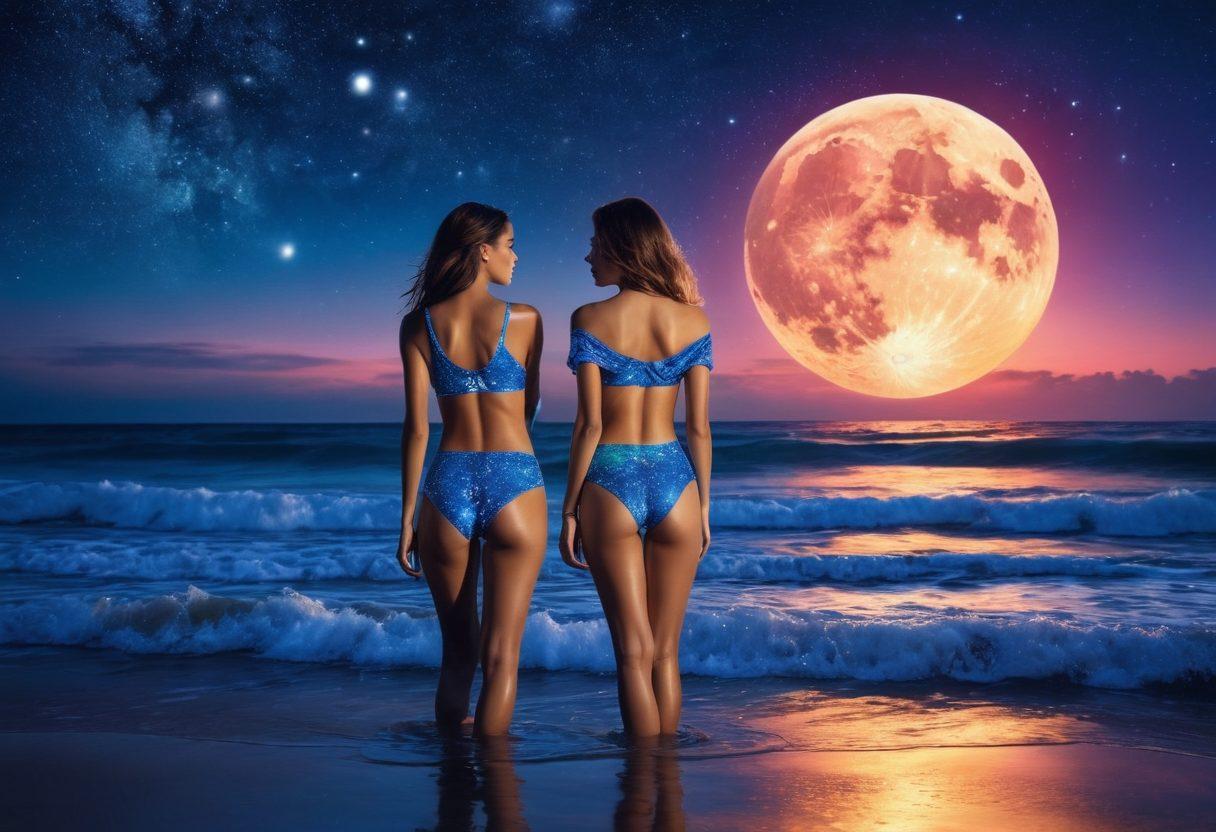 A surreal beach scene blending two-piece swimwear with celestial elements; models wearing vibrant swimsuits adorned with constellations, a glowing moon rising above the water, and waves sparkling like stars. The sky transitions from sunlit blue to a starry night, creating a magical atmosphere. surrealism. vibrant colors. dreamy background.